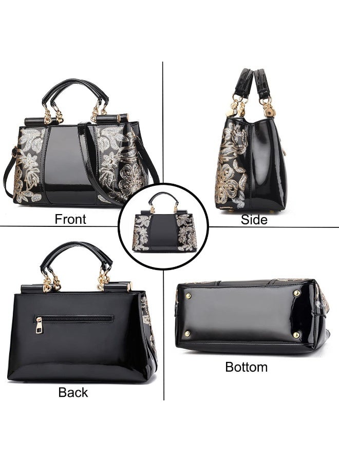 Patent Leather Handbag for Women Tote Bags Sequin Embroidery Satchel Bag Top Handle Bag Gorgeous Shoulder Bag Purse - Image 3